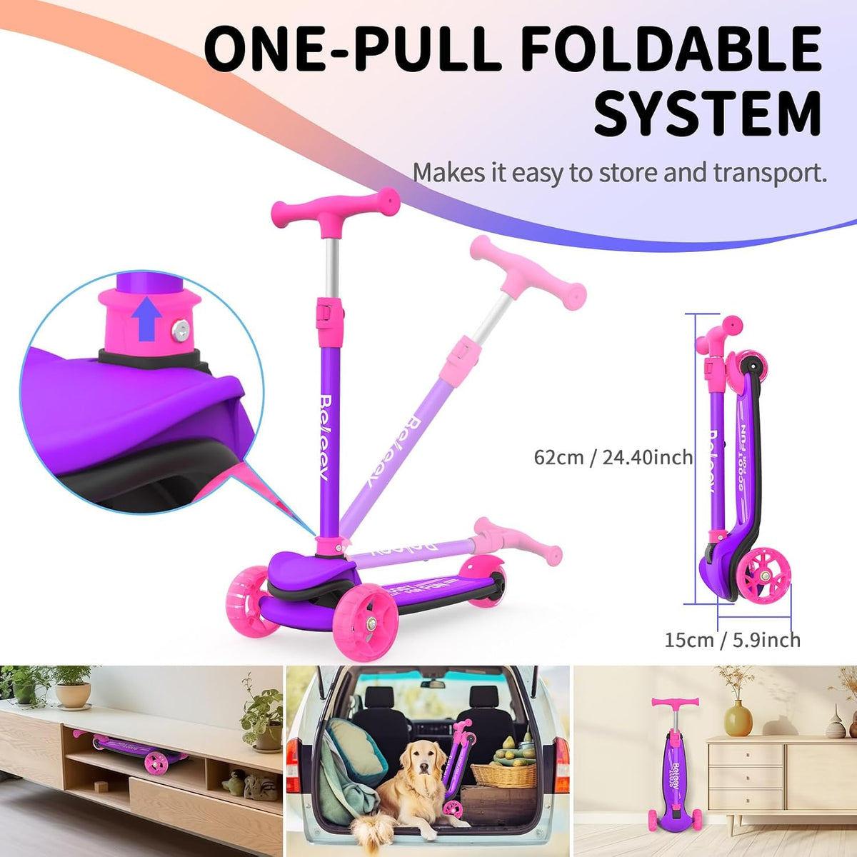 BELEEV A8 Scooter for Kids Ages 3-12 - Pink Purple - image 3