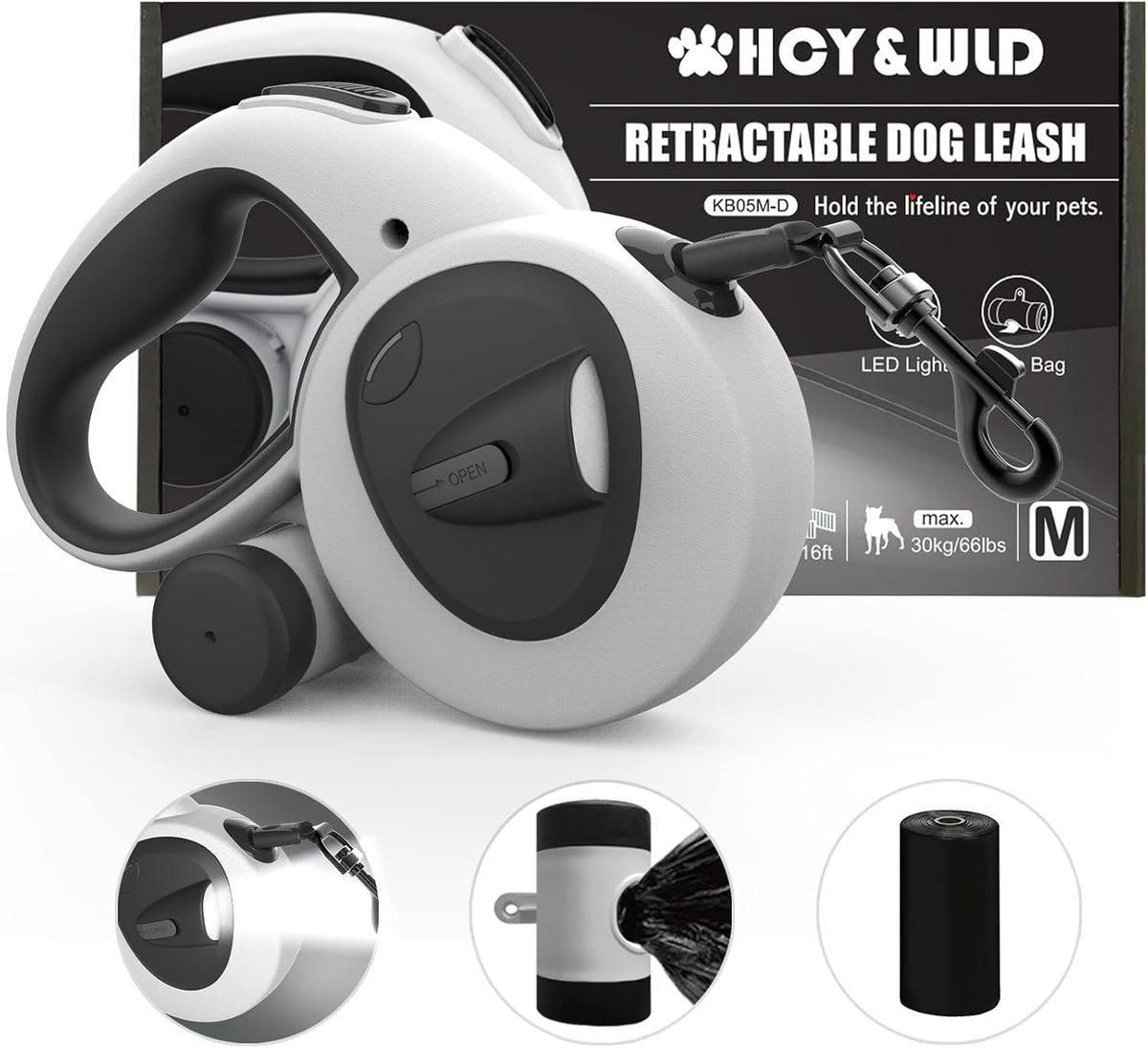 4-in-1 Retractable Dog Leash with LED Light & Dispenser & Poop Bags – Essentials for Dogs - Medium