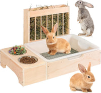 3 in 1 Extra Large Rabbit Hay Feeder with Litter Box - brown / Extra Large (3 in 1)