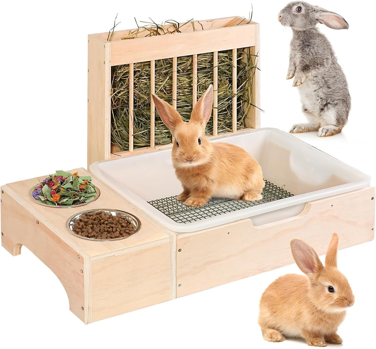 3 in 1 Extra Large Rabbit Hay Feeder with Litter Box - brown / Extra Large (3 in 1)