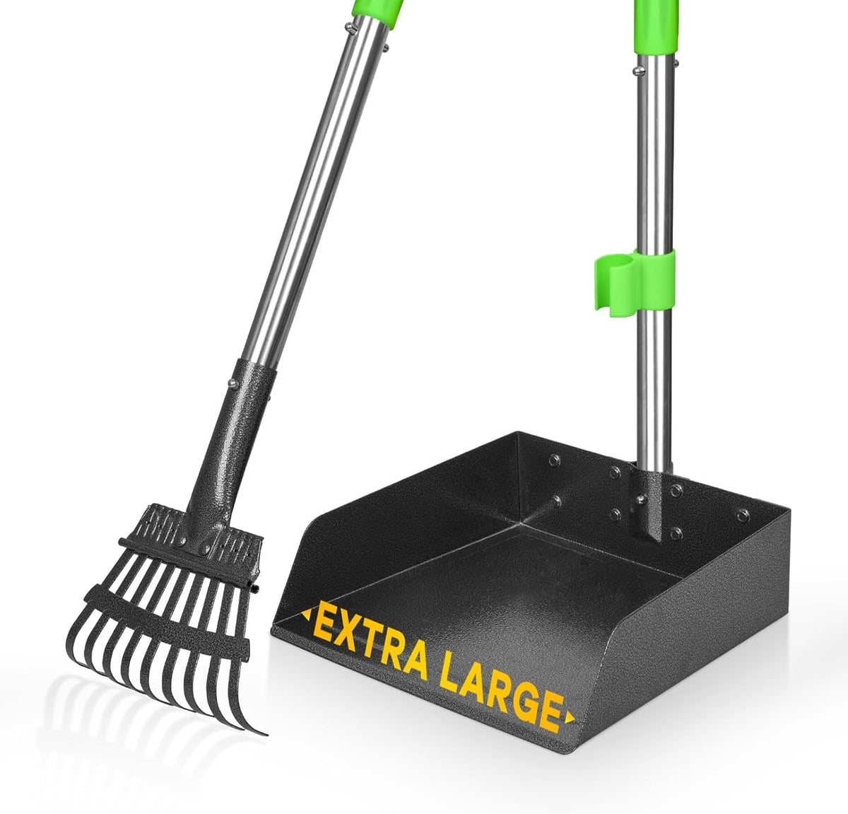 Pooper Scooper, Dog Pooper Scooper Long Handle Stainless Metal Tray and Rake for Medium Small Dogs - 2. Rake + Extra Large Tray