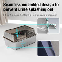 Suhaco Stainless Steel Litter Box Side Entry, Kitty Black Litter Mat and White Scoop Included Covered Metal High Sided Large Cat Litter Box with Lid Removable Enclosure for Medium Cats (Black)