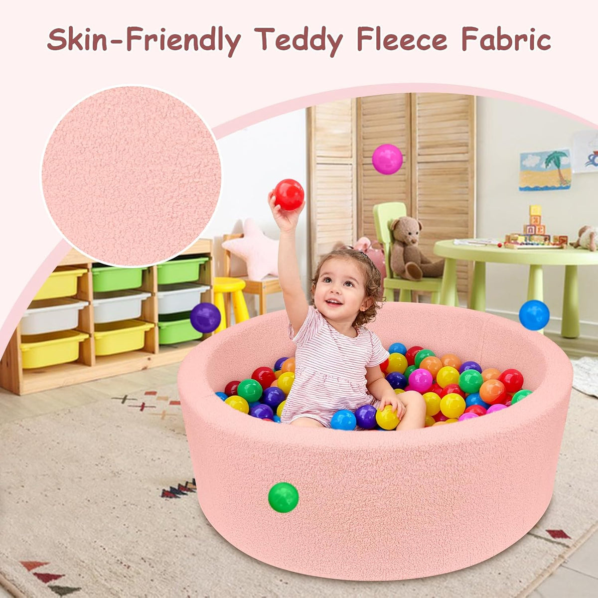 MEOGETY beige teddy fleece foam ball pit for toddlers with soft round walls - view 30