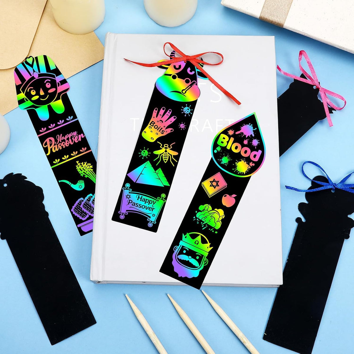 JUNEBRUSHS rainbow scratch art bookmarks with bamboo scratch sticks and colored satin ropes - view 21