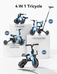 besrey Folding Toddler Tricycle-to-Balance Bike with Push Handle - Blue - image 2