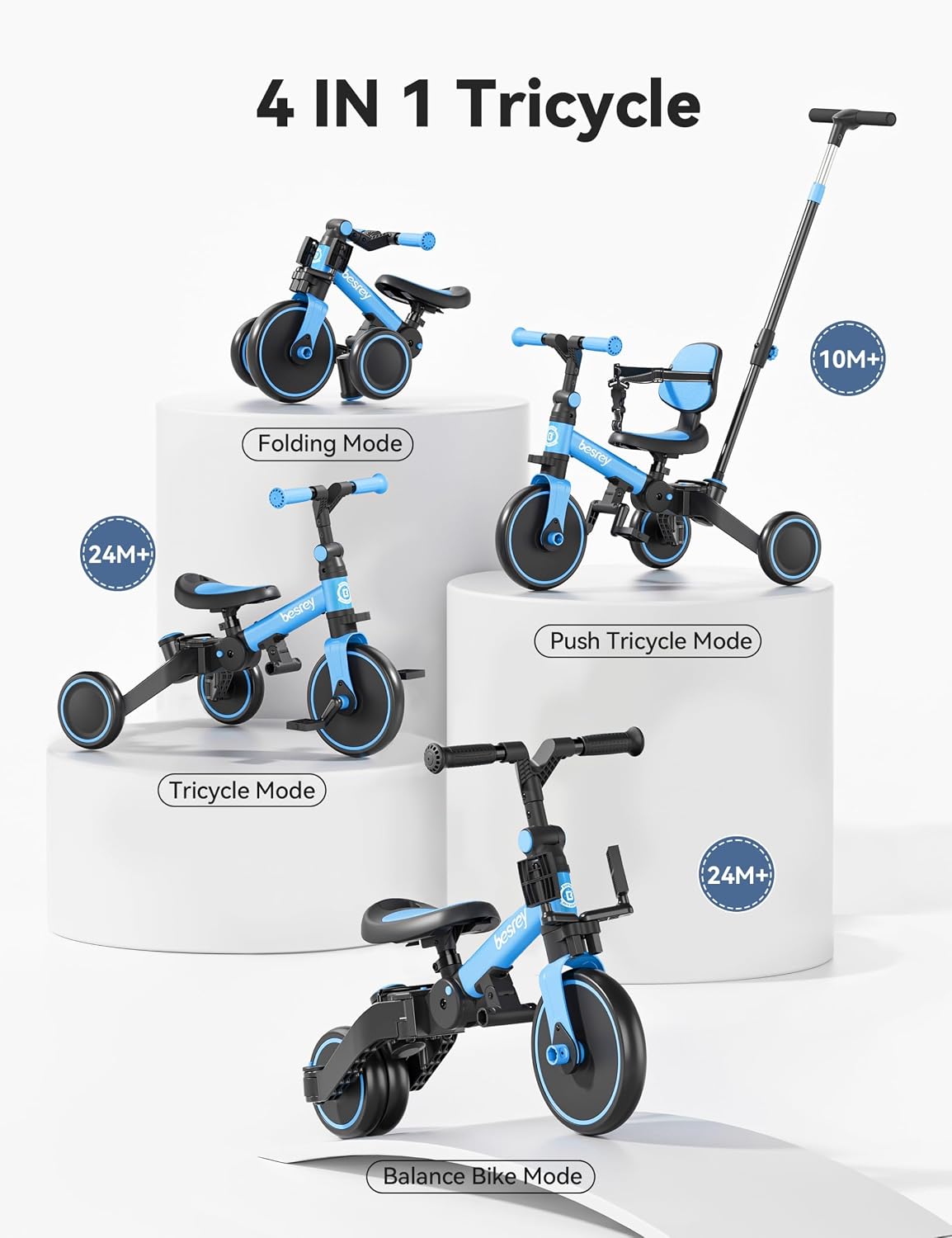 besrey Folding Toddler Tricycle-to-Balance Bike with Push Handle - Blue - image 2