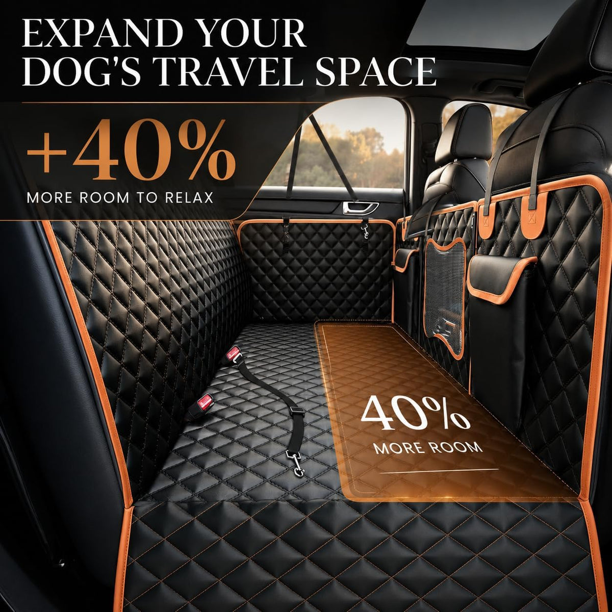 Back Seat Extender for Dogs - Black with Orange / For Cars/Mid-Size SUV/Small Truck - image 3
