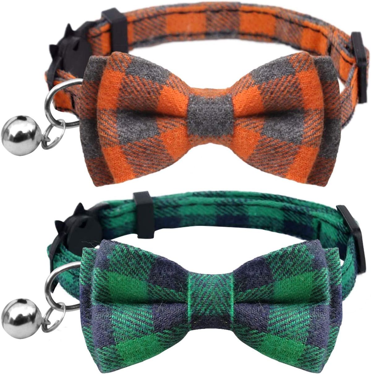 2 Pack/Set Cat Collar Breakaway with Cute Bow Tie and Bell for Kitty - Green+Orange / Plaid