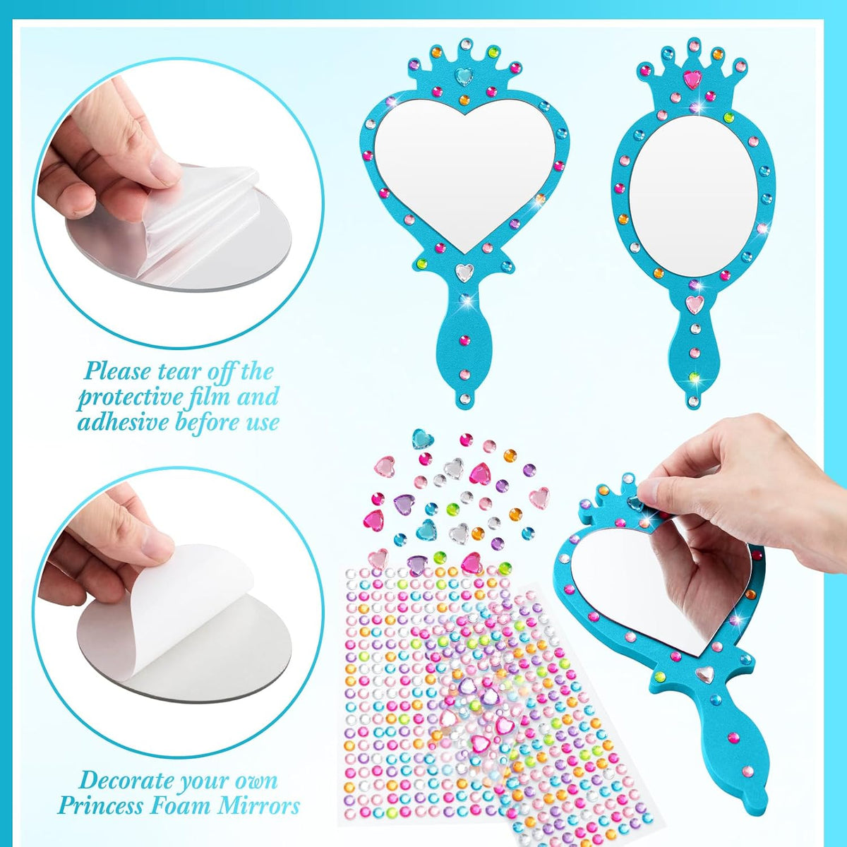 Geetery unbreakable kids mirror craft kit, 20 heart and oval foam princess mirrors in pink, blue and - view 10