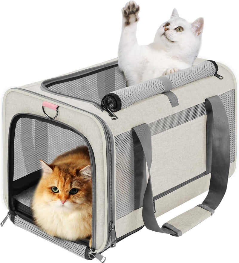 Large Cat Carrier Soft, Collapsible Travel Pet Carry Bag - Beige / 18.1"L x 11.8"W x 11.8"H