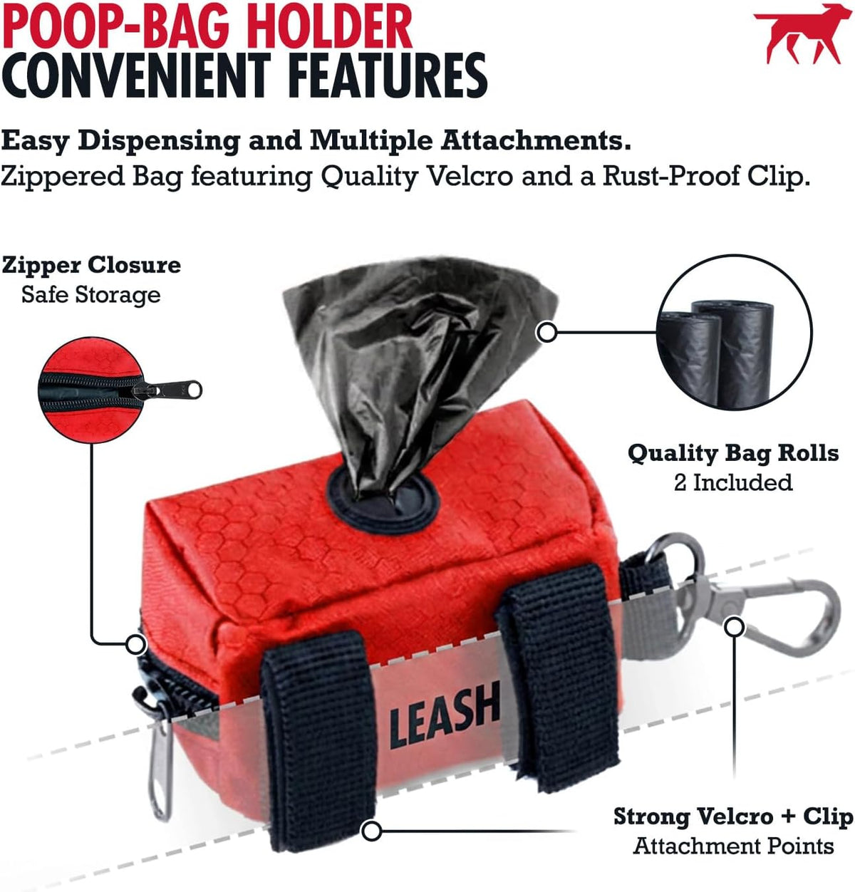 Tuff Pupper Dog Poop Bag Holder, Works with Any Dog Leash - March Red - image 4