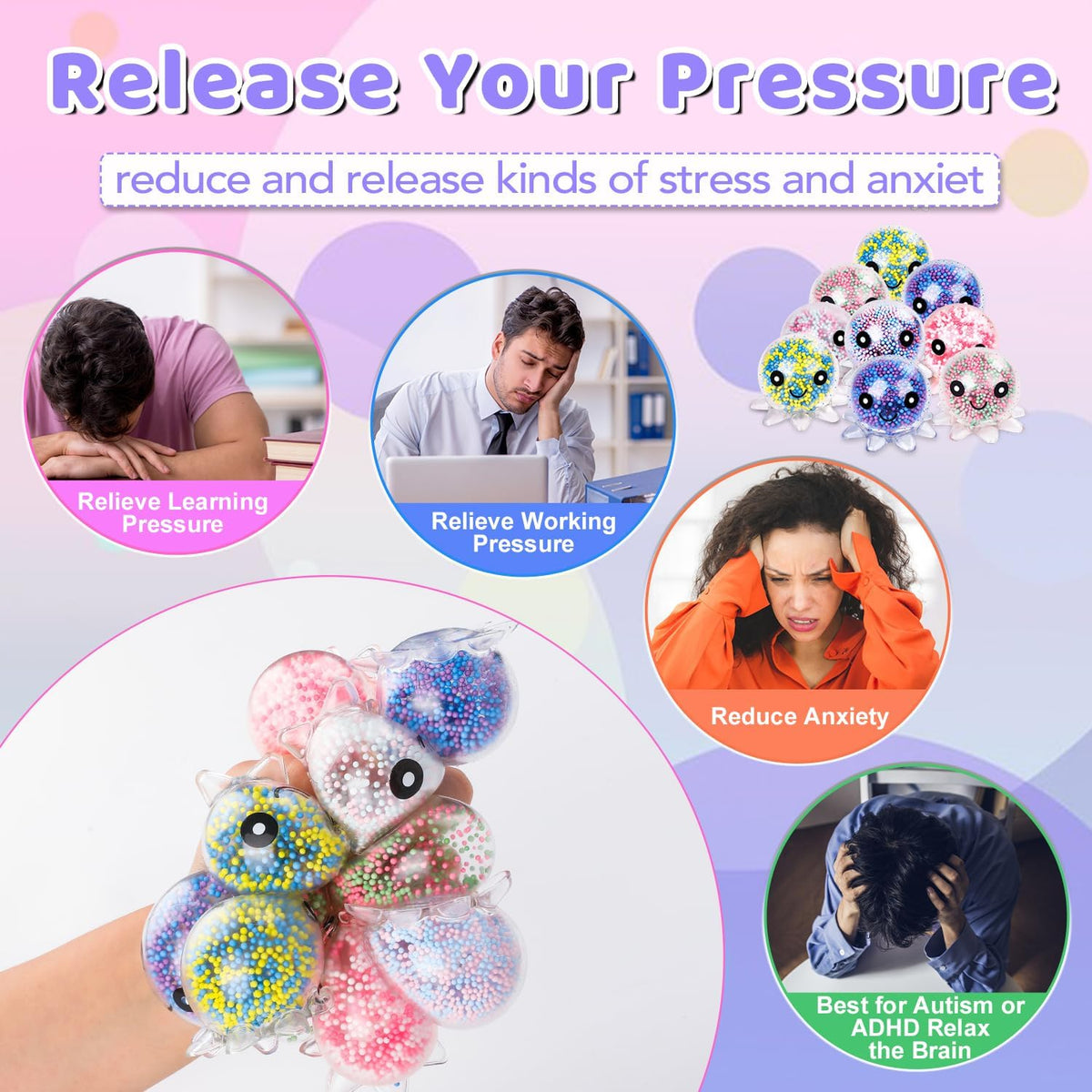 16 Pack Slow Rising Stress Balls，Textured Memory Soft Stress Ball – Fun for Kids & Family - 12 Pack Octopus Stress Balls - image 4