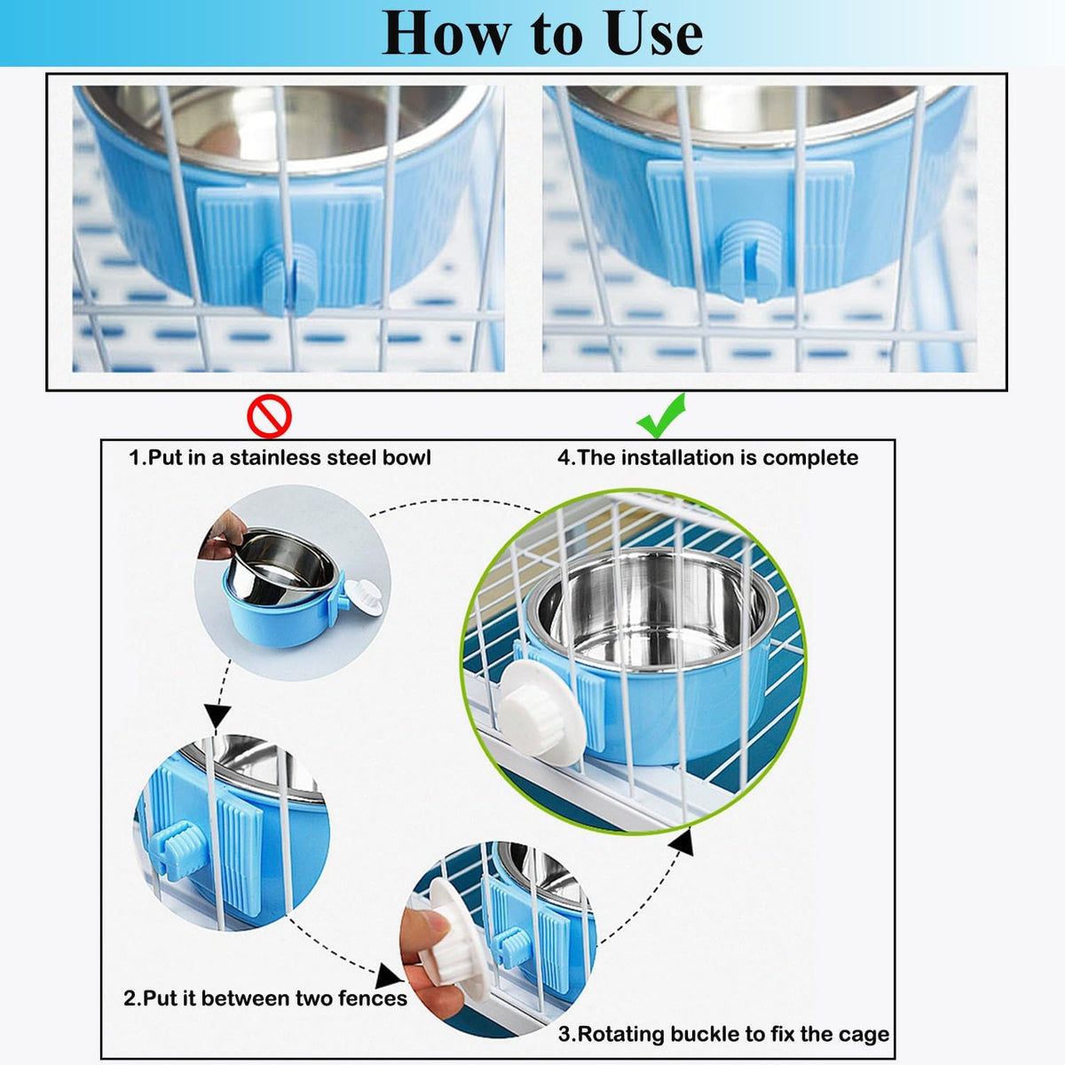 2 Pieces Crate Dog Bowl, Removable Stainless Steel Pet Kennel Hanging Food Water Feeder Bowl Cage - Blue,Green - image 4