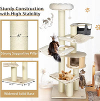 Tangkula Large Cat Tree, Multi-Level Tall Cat Tower with Sisal Scratching Posts, Hammocks, Hanging Basket, Cat Condo and Removable Washable Cushions, Modern Wood Cat Tree for Indoor Cats Large Adult