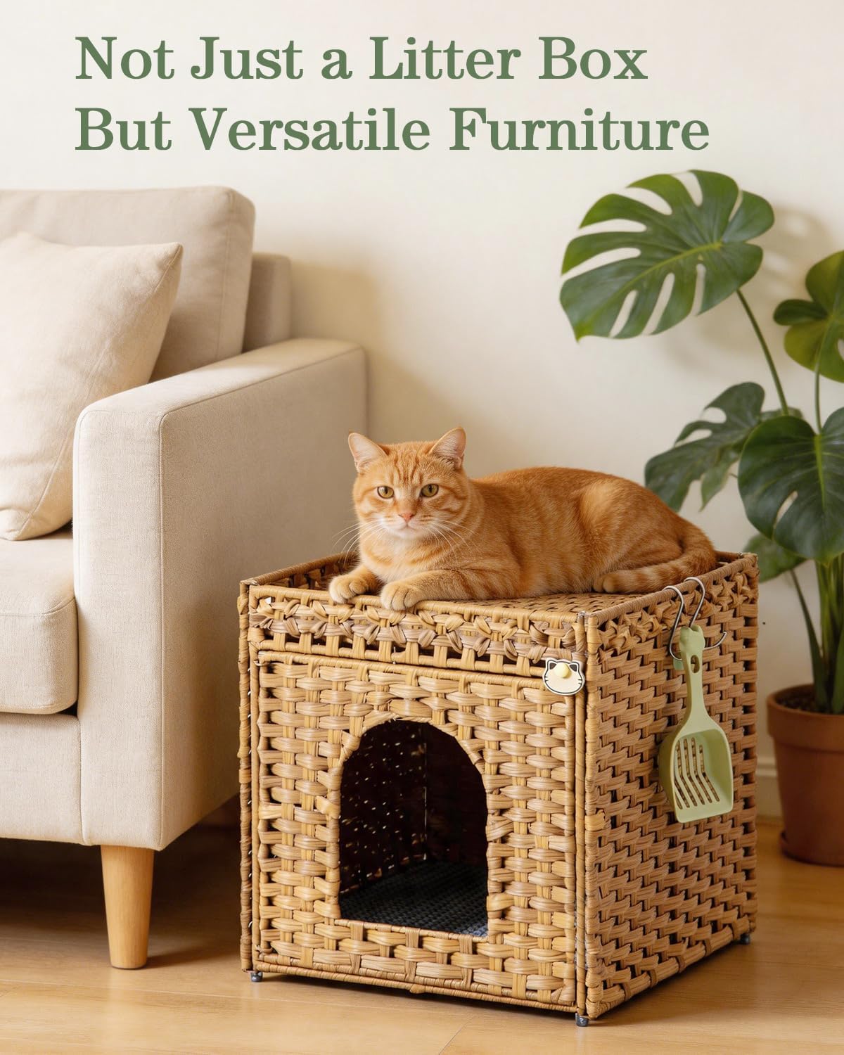 Cat Litter Box Enclosure Furniture, Hidden PE Rattan - Natural / Standard - image 2