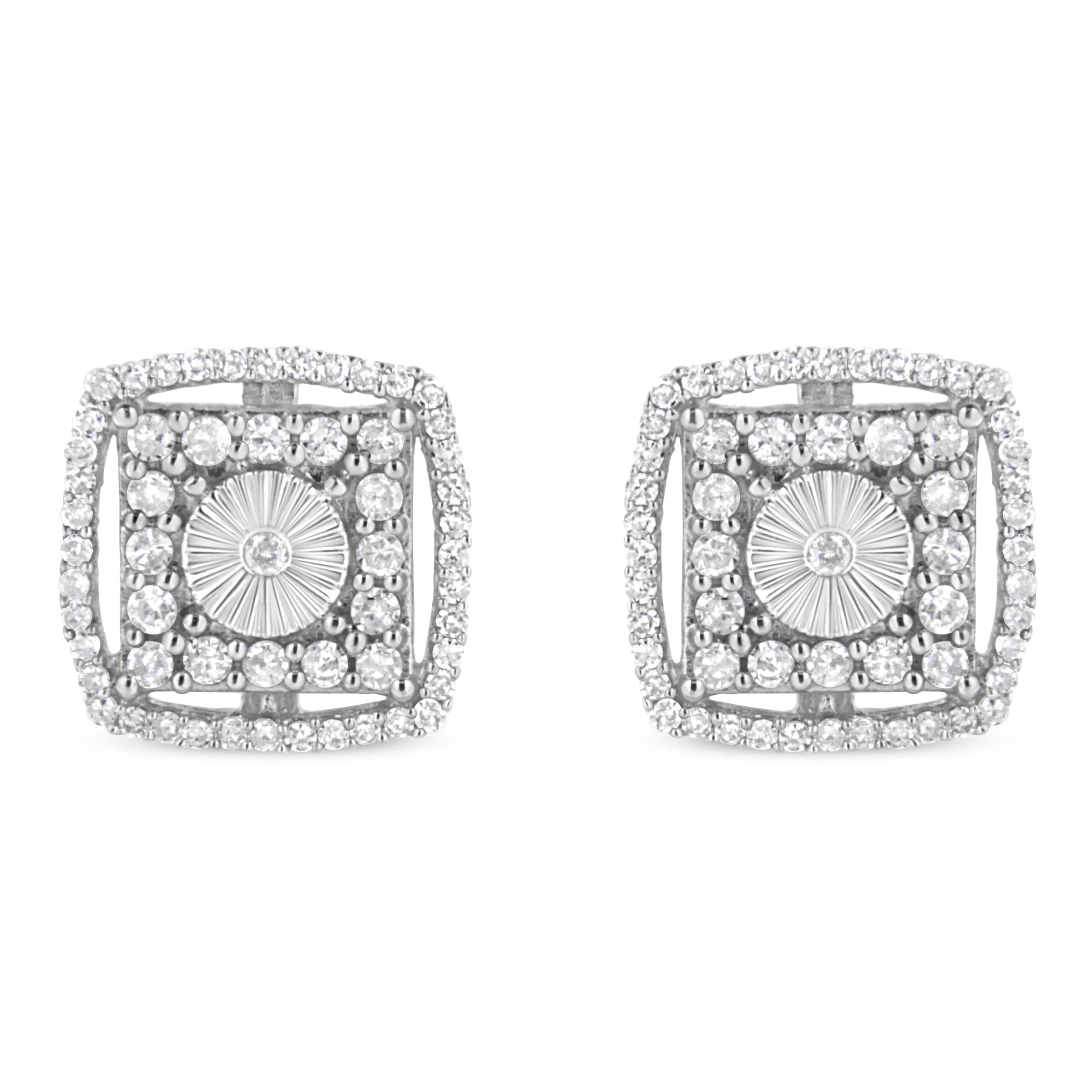 .925 Sterling Silver 1.0 Cttw Round Diamond Double Halo and Disc Stud Earring (I-J Color, I2-I3 Clarity)
