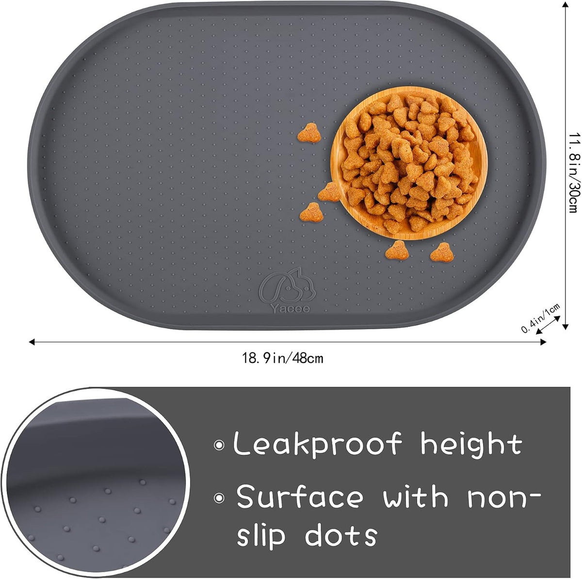 100% Waterproof 0.5" Raised Edge BPA Free Silicone Dog Food Mat - 19x12x0.5 Inch / Gray - image 2