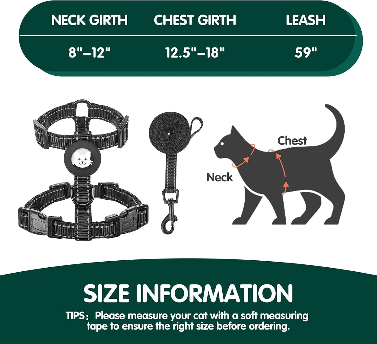 BINGPET Cat Harness with Airtag Holder - Black Reflective (Both Buckles on Chest) - image 3