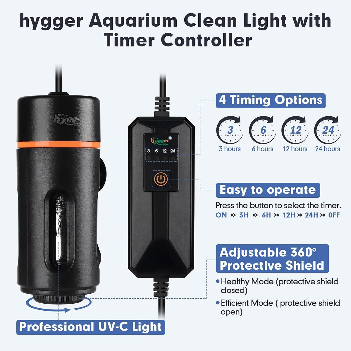 hygger Aquarium U-V Light with Timer - 3W for 5-25 Gallon - image 2
