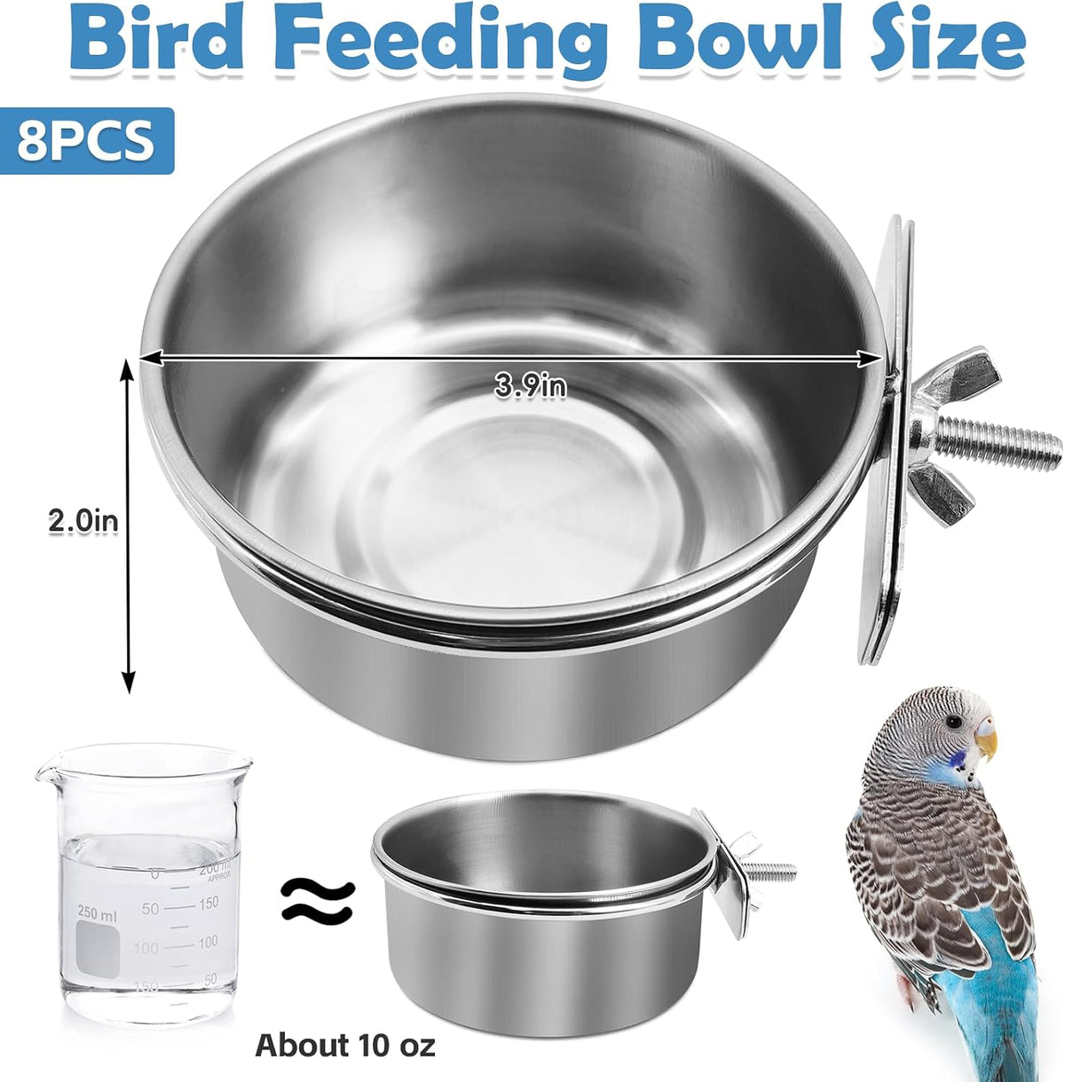 8 pack stainless steel bird feeding dish cups with clamp holders, 3.9 inch diameter - view 3