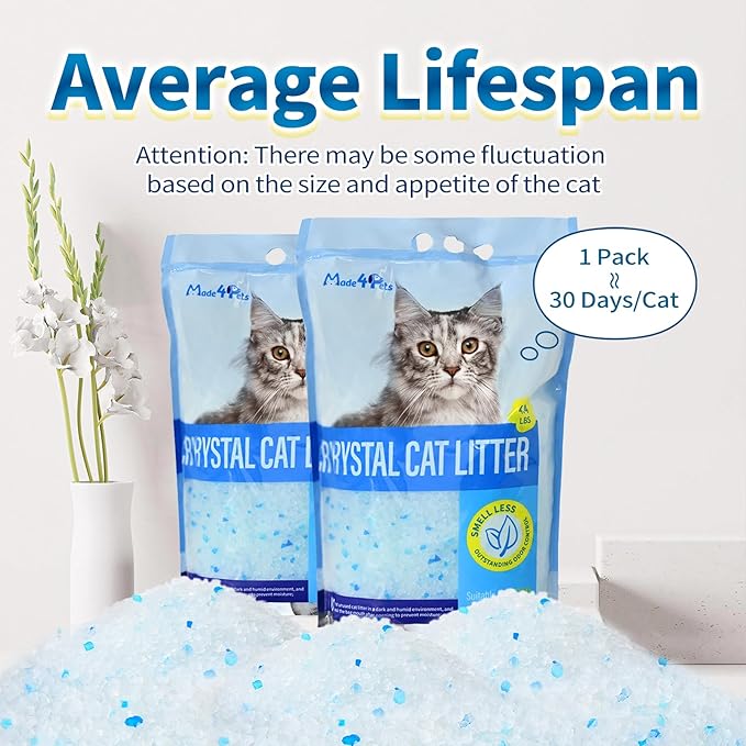 Made4Pets Cat Litter Crystals, Non Clumping Cat Litter Odor Control Kitty Litter Non Clumping No scooping Low Dust, Low Tracking, Lightweight, Dehydrates Waste,– 17.2 lbs (4 x 4.3 lb Packs)