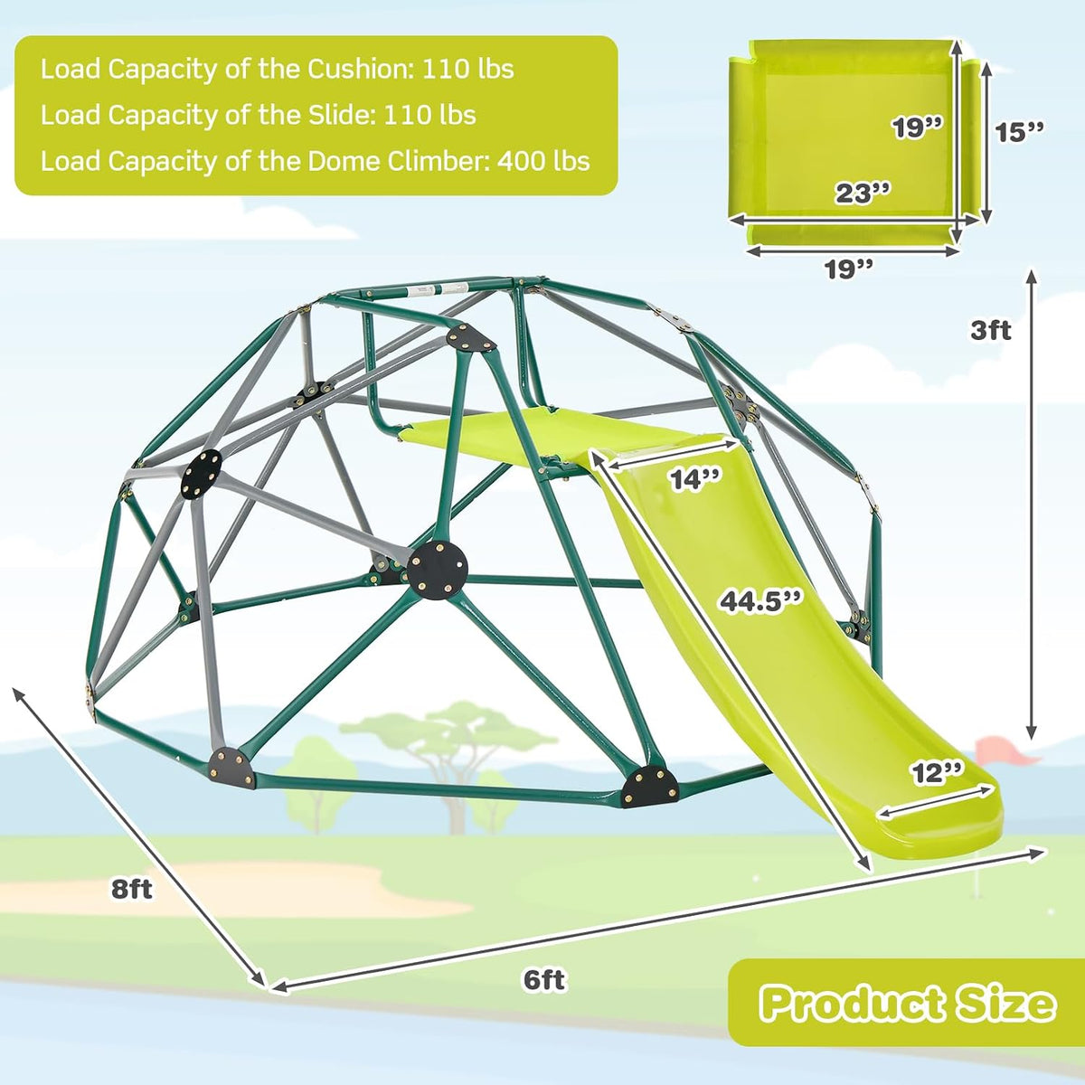 Costzon 8 ft climbing dome with slide for kids in green and yellow - view 6