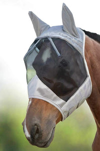 Harrison Howard CareMaster Horse Fly Mask Half Face with Ears Silver/Black Retro Small Pony