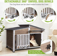 Dog House Outdoor with Bowls Weatherproof Dog Kennel with Anti-Chewing Iron Frame Dog Shelter for Small Medium Dogs(Light Brown)
