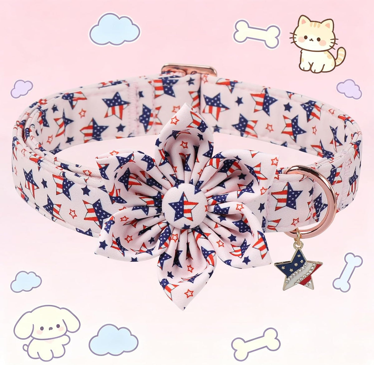 DOGWONG Fall Pumpkin Orange Plaid Dog Collar - B:Star Flag / S - image 2
