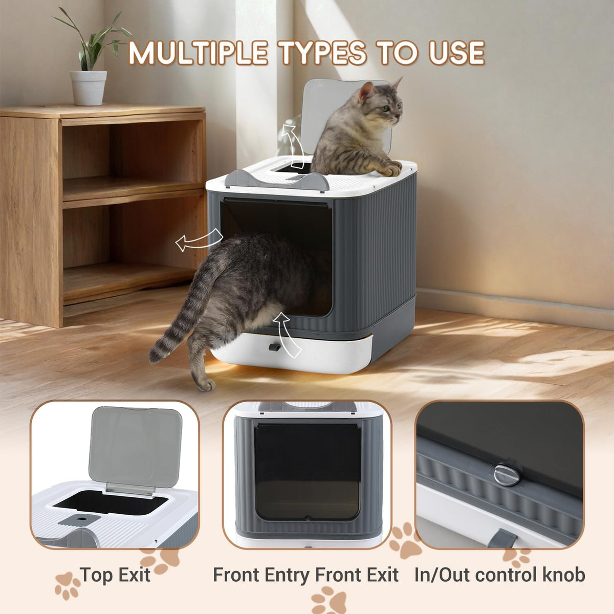 Foldable Enclosed Cat Litter Box with Lid, for Kitten to Medium - White&Grey - image 4