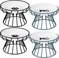 4 Sets Elevated Cat Bowls Ceramic Raised Cat Food Bowls with Metal - Black, Green / Fishbone, Paw