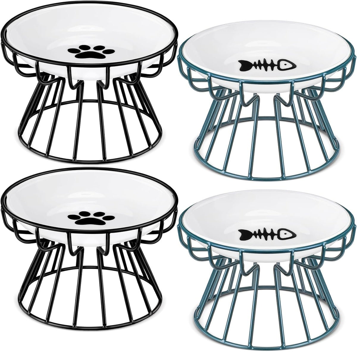 4 Sets Elevated Cat Bowls Ceramic Raised Cat Food Bowls with Metal - Black, Green / Fishbone, Paw