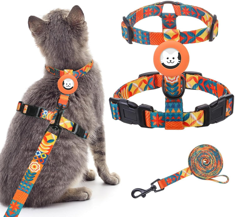 BINGPET Cat Harness with Airtag Holder - Orange Print (Both Buckles on Chest)