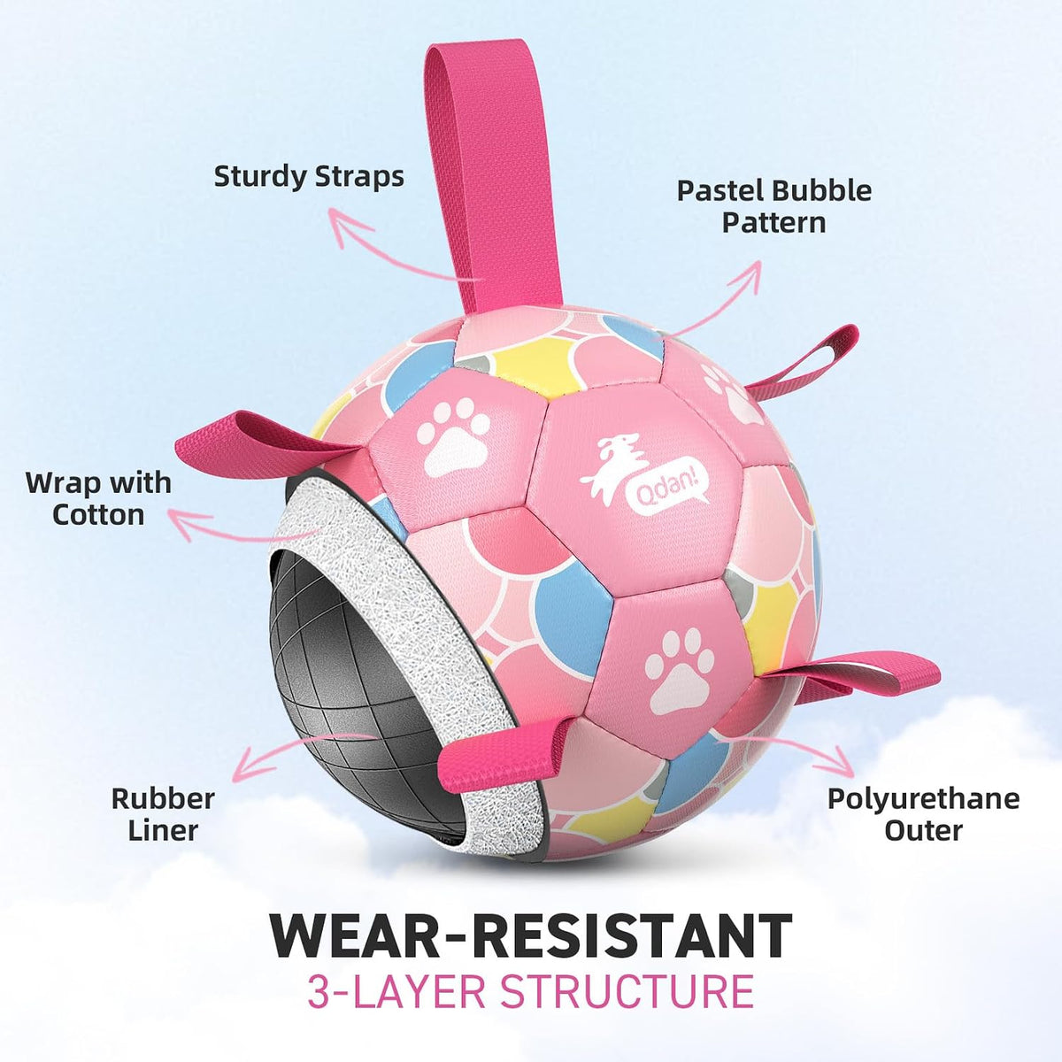 QDAN Dog Soccer Ball Toy with Strap - Pastel Pink / Medium Size 2 - image 4