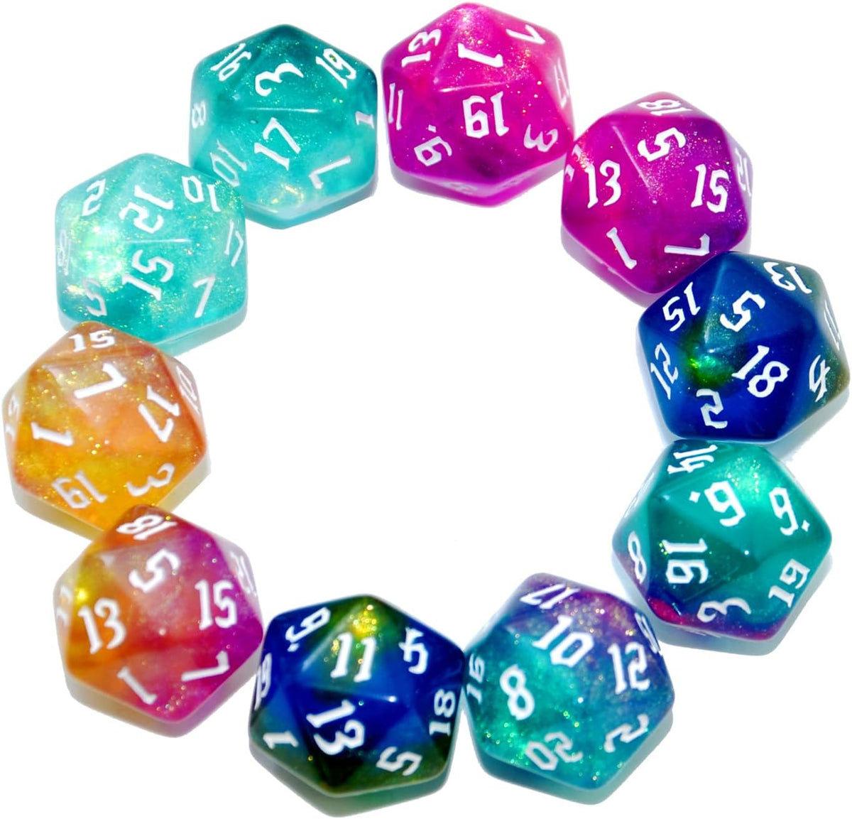 SmartDealsPro 10-Pack 20 Sided Dice D20 Polyhedral Dice for DND RPG - Sparkly Glitter