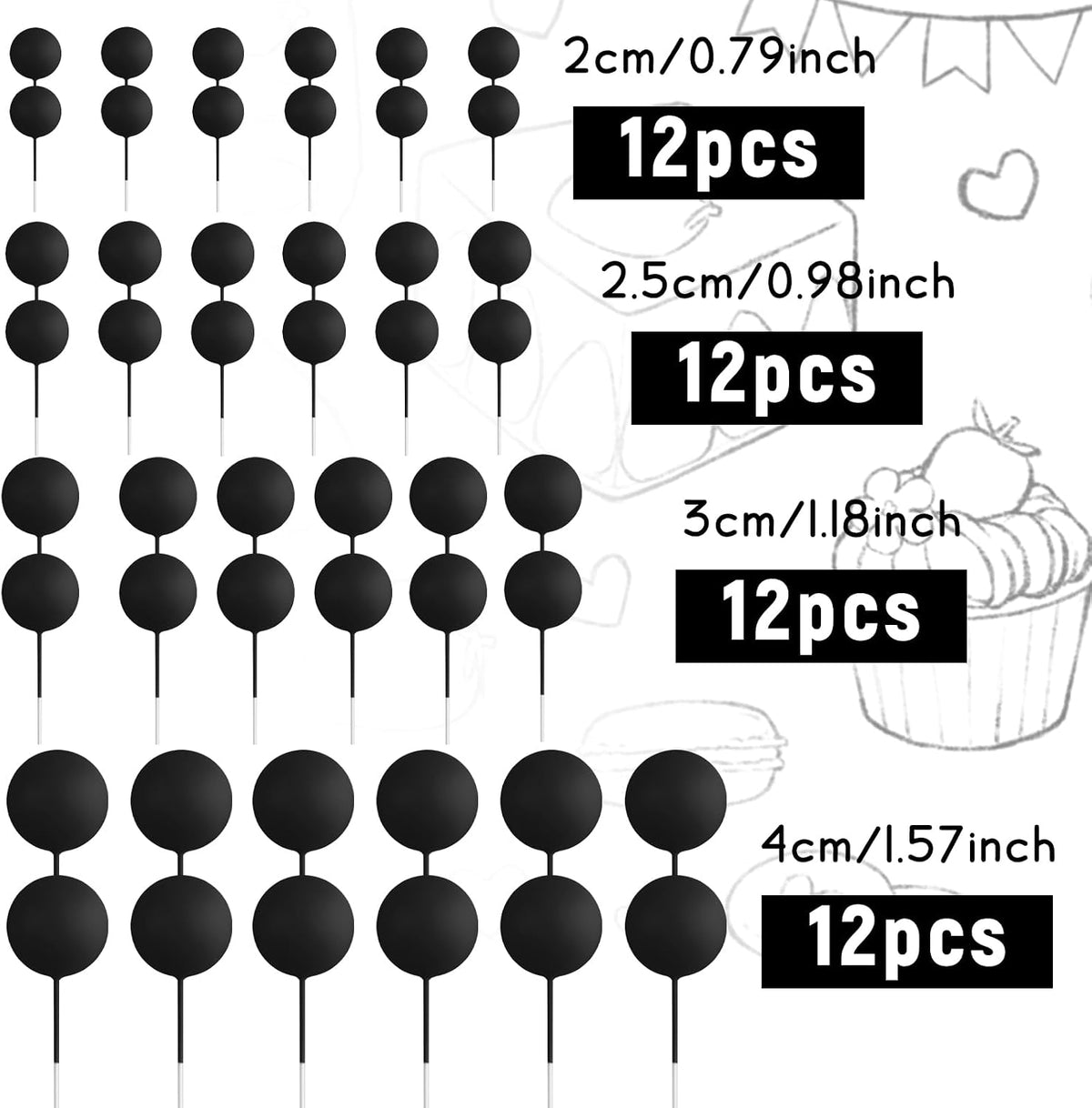 48 Pcs Balls Cake Topper Decorations Balloon Cupcake Toppers Foam - B03-black - image 2