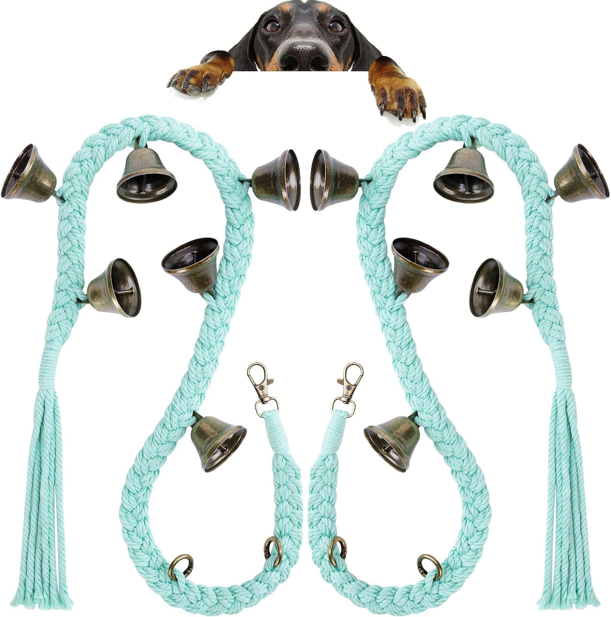 Dog Bells to Go Outside, Cotton Handwoven Potty Training Bell – Essentials for Dogs - LightGreen; 2 Pack