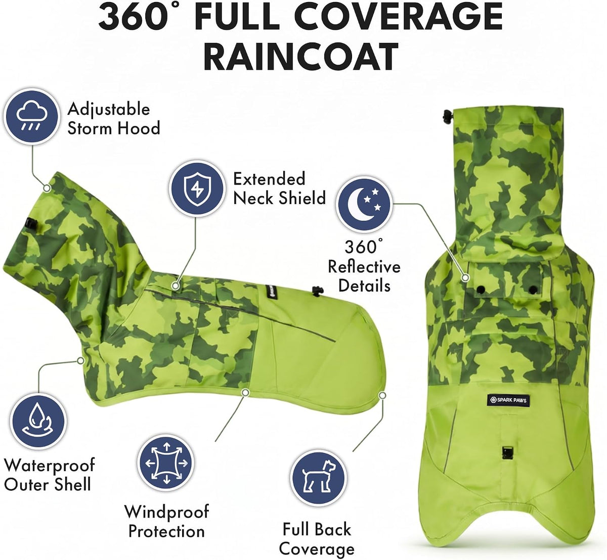 Spark Paws Dog Raincoat, Waterproof Rain Jacket w/Hood - Camo Lime / X-Large - image 2