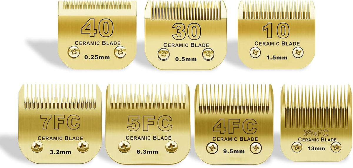 10# Grooming Ceramic Pet Clipper Blades Compatible with Andis & Oster - Gold / 7 Pack（1.5-13mm）