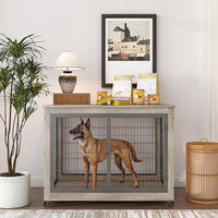 IchbinGo Dog Crate Furniture, Wooden Dog Crate Table, 43.7" Dog Kennel with 3 Doors, Flip-up Top Opening and Wheels, Decorative Pet Crate House for Large/Medium/Small Dog Indoor Use(Rustic Grey)