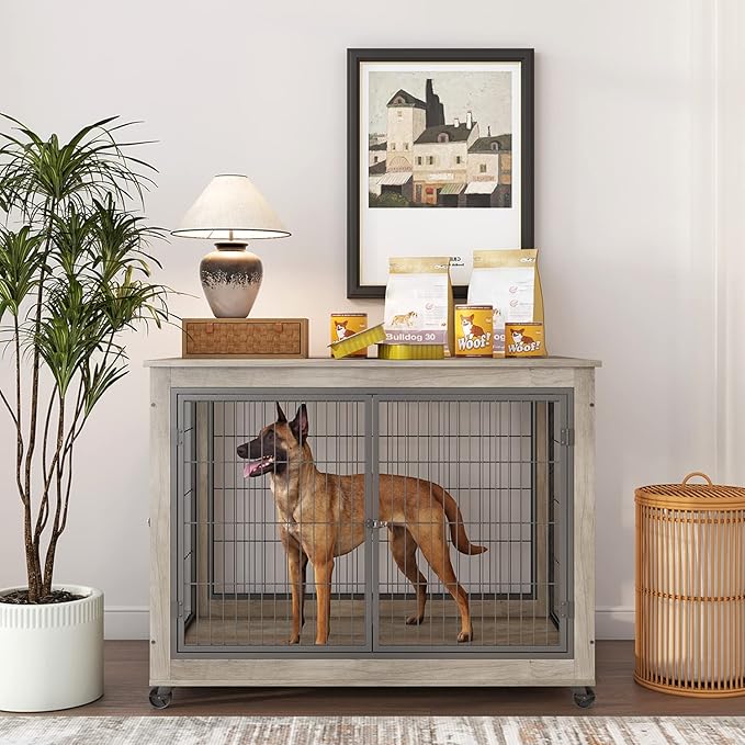 IchbinGo Dog Crate Furniture, Wooden Dog Crate Table, 43.7" Dog Kennel with 3 Doors, Flip-up Top Opening and Wheels, Decorative Pet Crate House for Large/Medium/Small Dog Indoor Use(Rustic Grey)