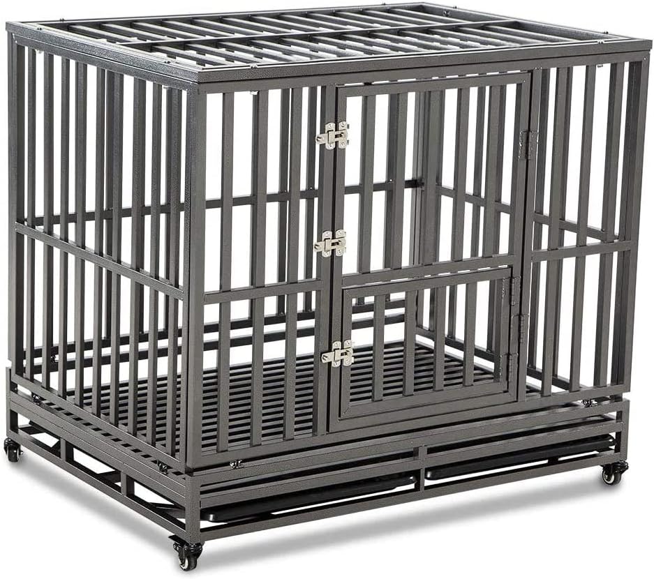 LUCKUP 38 Inch Heavy Duty Dog Cage Metal Kennel and Crate for Large - 41.5"L x 30.5"W x 37.0"H / Dark Silver