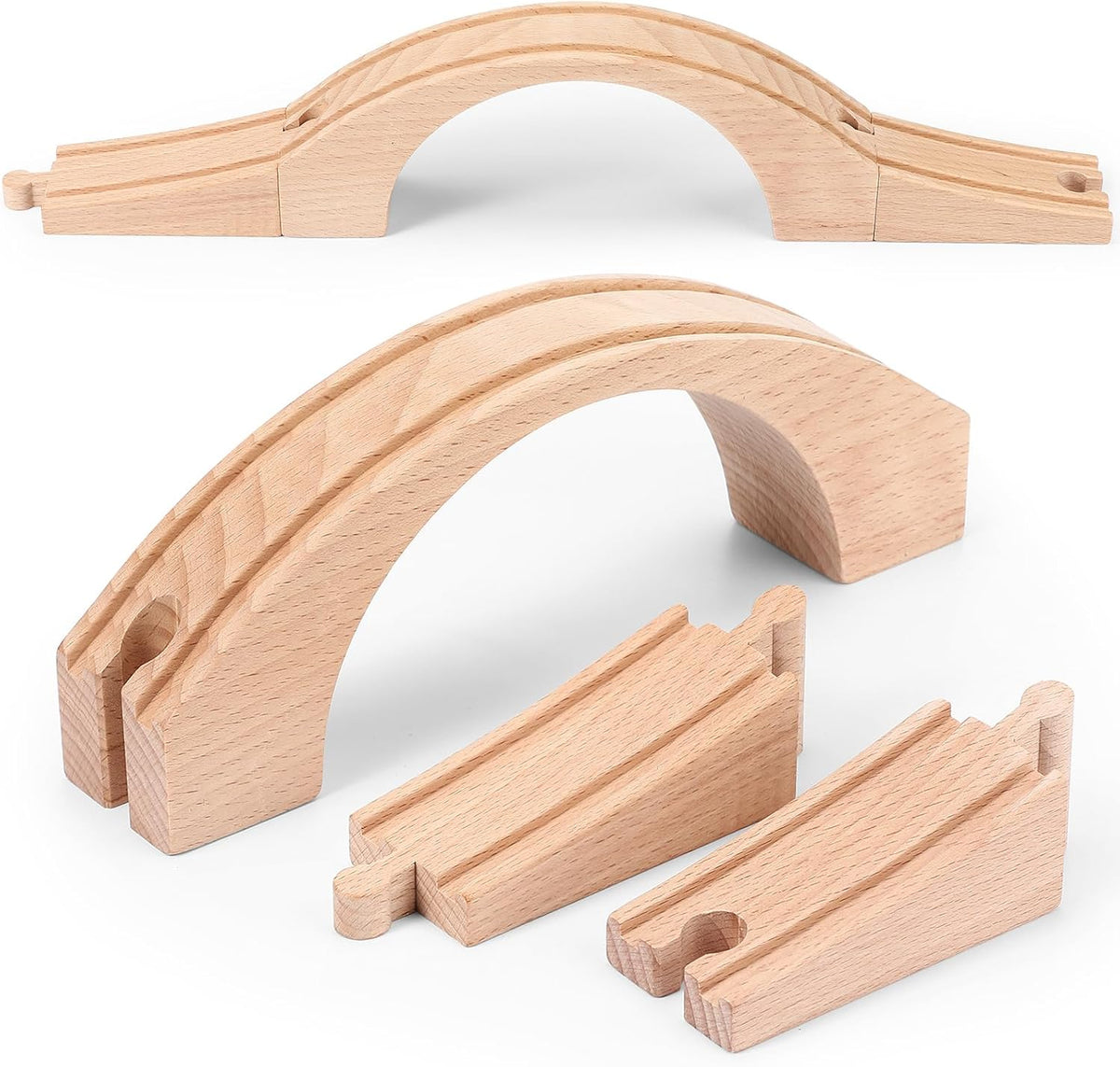 Kigley wooden train track bridge with natural unprinted wood finish and one arch design