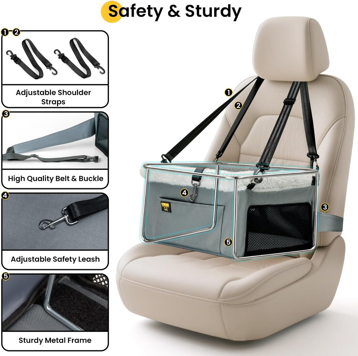 Conlun Dog Car Seat Booster, Steel Frame Anti-Collapse - Grey / Dog Car Seat+Cooling Mat - image 4