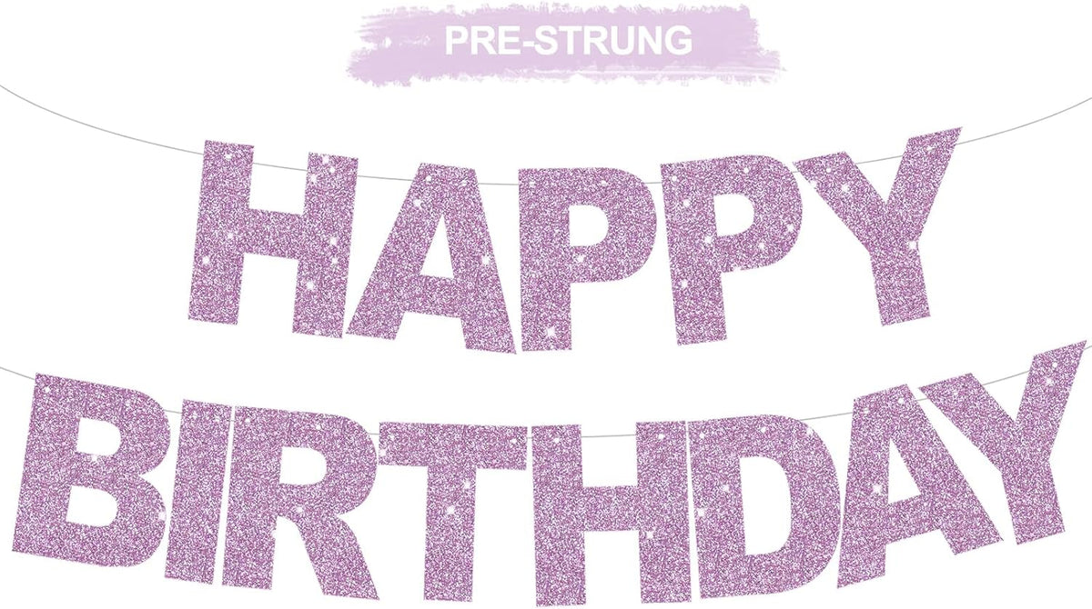 BEISHIDA Pre-Strung Glitter Pink Happy Birthday Banner Party Sign - light purple