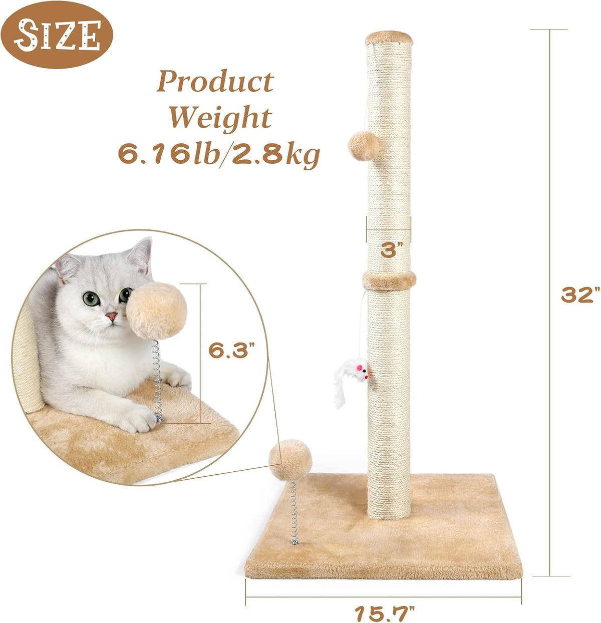 ANWA 32" Tall Sisal Cat Scratching Posts Tree for Indoor Cats Adults - Basic Cat Post - image 2