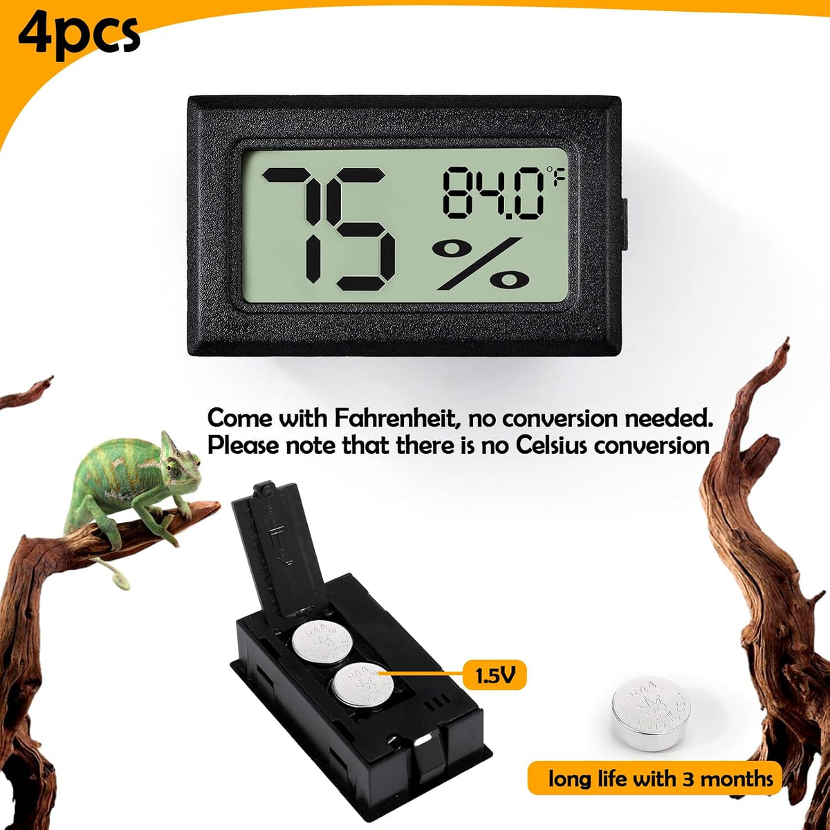 2 PCS Rectangle Reptile Thermometer and Humidity Gauge for Bearded - Black Rectangle 4PCS - image 4