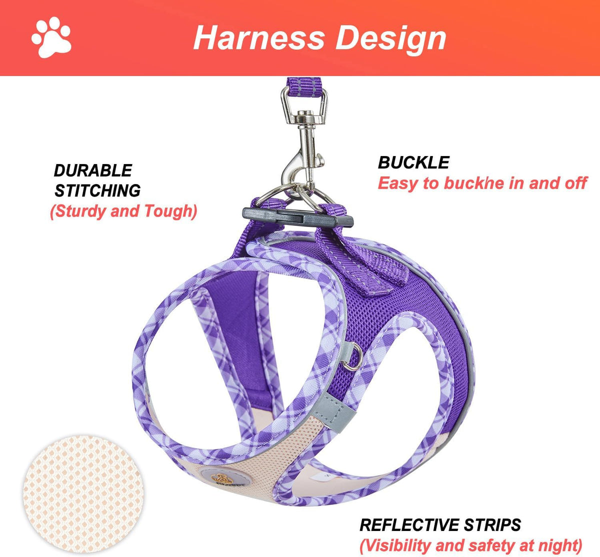 Hipubby Dog Harness Small Sized and Leash Set - Purple/White Trim / L (Chest: 18.8"-20.8") - image 3