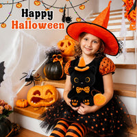 MUFEIRUO Halloween black cat plush holding pumpkin bag, wearing orange witch hat - view 38