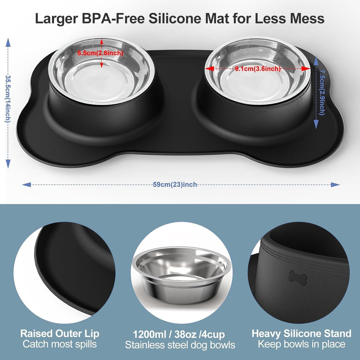 Dog Bowls Stainless Steel Bowls with No Spill Skid Resistant Silicone - Large/38oz each - image 2